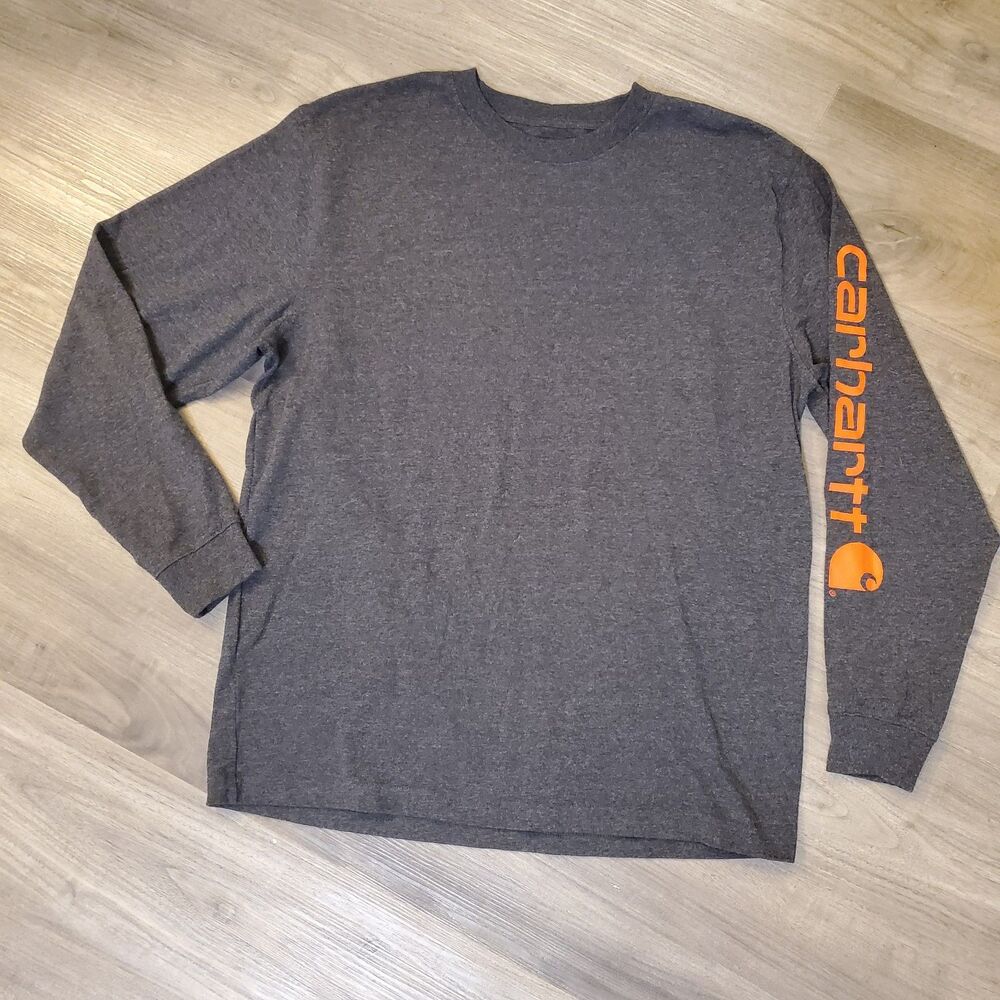 Carhartt Mens M Long Sleeve Gray With Orange Logo Sleeve Loose Fit Street Work